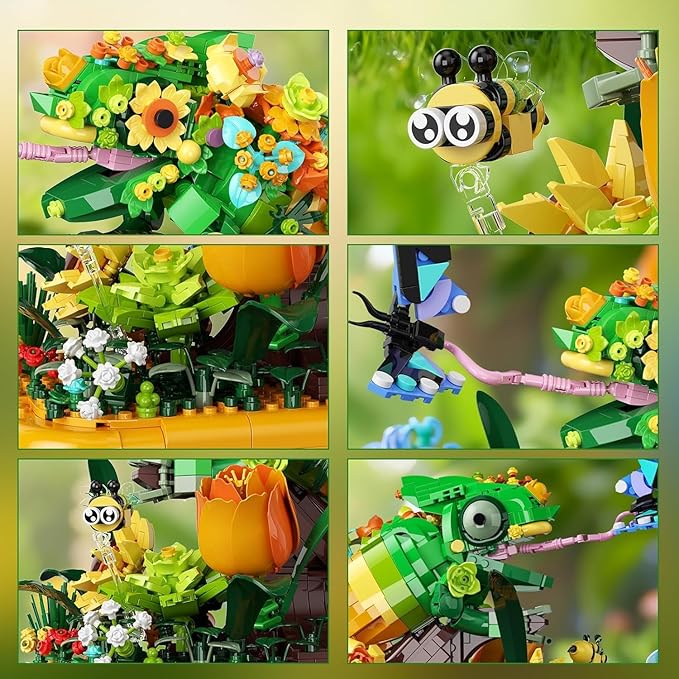 Chameleon Garden Bonsai Building Set 1092PCS Nature Inspired MOC Flowers &amp Insects STEM Kit Compatible with Lego Animal Stunning Desk Decor for Home/Office Building Blocks for Kids Adults Aged