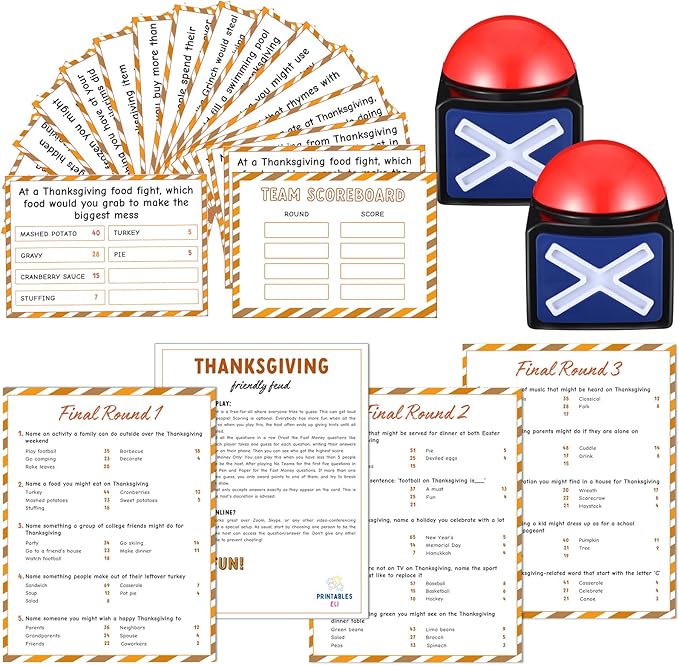 Syhood Thanksgiving Friendly Feud Game with 2 Answer Buzzer Friendsgiving Family Card Family Trivia Quiz Game Night for Party Office Adults Large Groups Teams