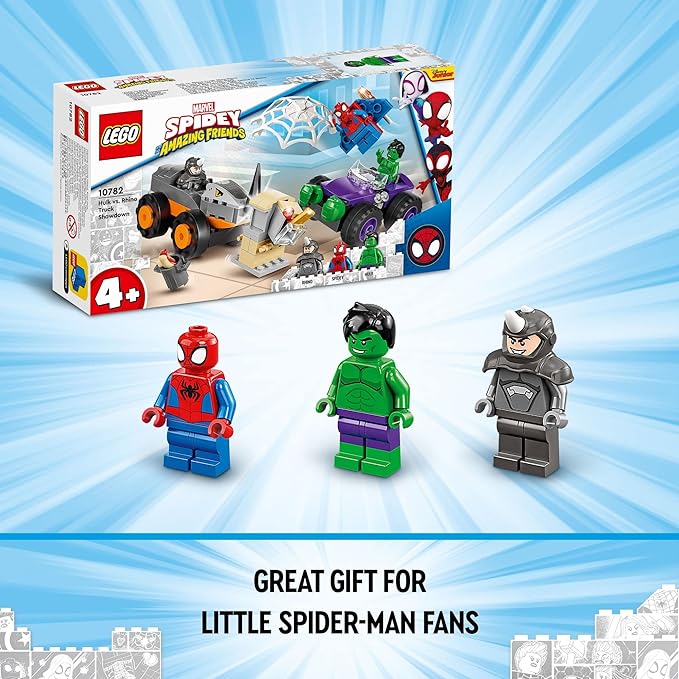 LEGO Marvel Hulk vs. Rhino Monster Truck Showdown Toy for Kids Boys &amp Girls Ages 4 and Up with Spider-Man Minifigure Inspired by The Spidey and His Amazing Friends Series 10782