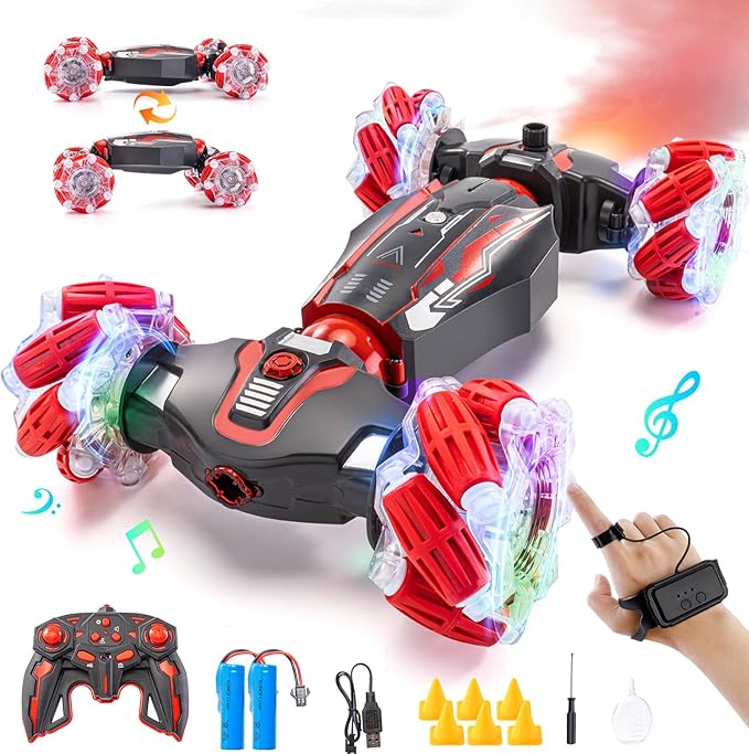 4WD Stunt Car 2.4 GHz Gesture Sensor RC Cars Double-Sided Vehicle 360° Flip RC Twist Buggy with Music Spray - Best Christmas and Birthday Present for Boys and Girls Aged 6-12 (Red)
