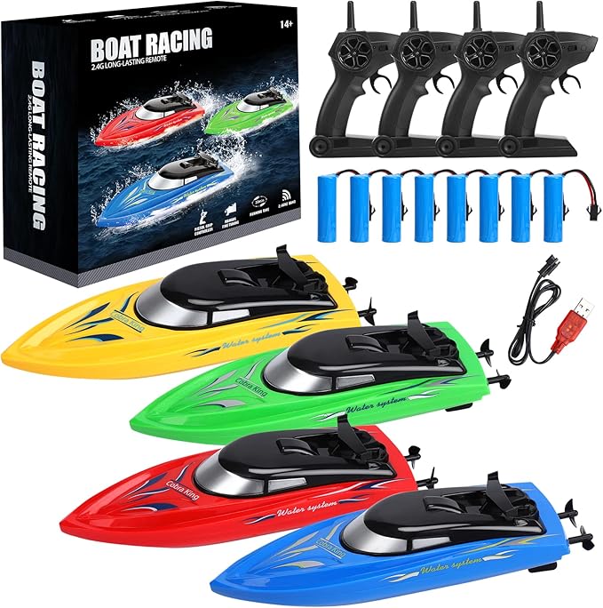 Lumiparty 4PACK RC BoatRemote Control Boats for Kids and Adults10km/H 2.4G High Speed Remote Control Boat Fast RC Boats for Pools and Lakes with 8 Rechargeable Battery.