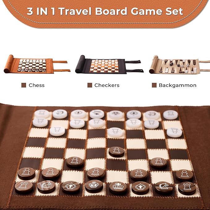 Woodronic 3 in 1 Travel Chess Backgammon Checkers Set Roll-up Leather Backgammon Set with 32 Premium Pearl Pieces and 5 Dices Portable Travel Chess Board Game Set for Adult13x10 Kinch