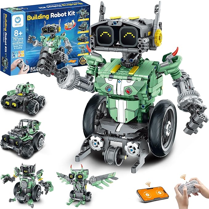 Sillbird Robot Car Building Kit with Remote Control for Boys Ages 8-14 STEM Coding Robotics Technic Toy Birthday Gifts for Kids Buildable 5in1 Models with 727 Pieces