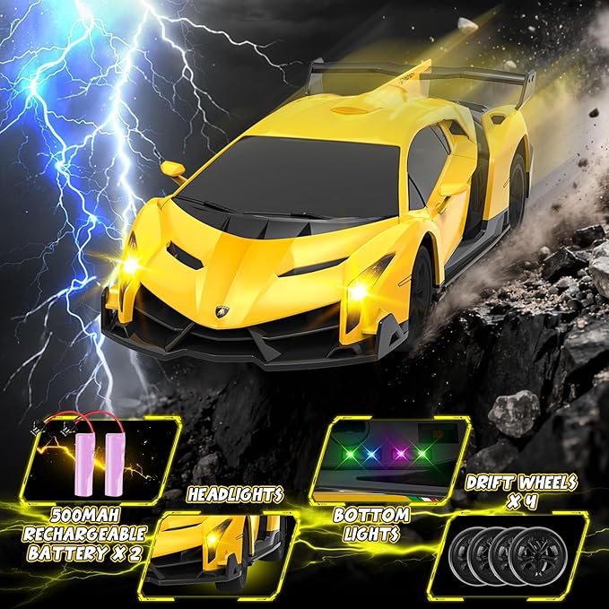 1:24 Lamborghini RC Cars - Dift Cars Licensed Lambo Remote Control Car with Dift Tyles &amp Road Blocks 2.4GHz Fast Speed Toy Car Christmas Toys GIFS for Kids Age 5+ Years Old (Yellow)