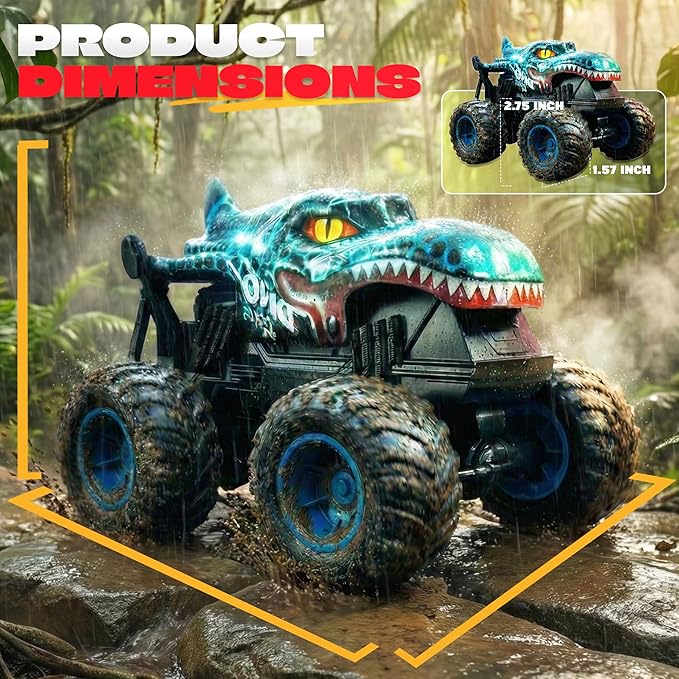 BEZGAR Monster Truck Toys - Remote Control Monster Truck with Light &amp Music Dinosaur Toys for Kids 1:20 Scale RC Truck with 360° Spins and Drifting Remote Control Car for Boys 4-7 Blue