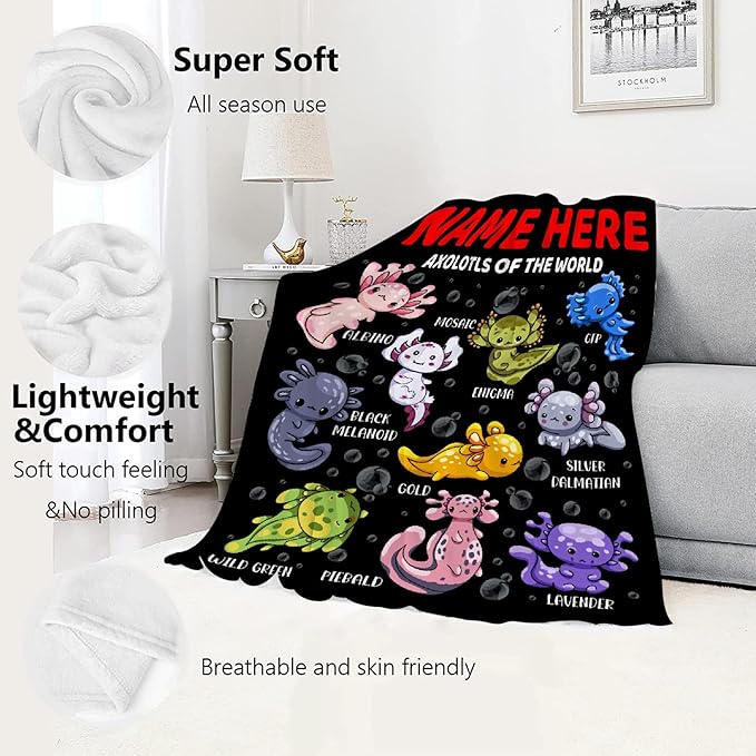Axolotls of The World Custom Name Blanket Gifts for Girls Boys Women - Super Soft Cozy Warm Throw Sheet for Couch Bed Sofa Office Decor All Season 40x50 for Kids/Children