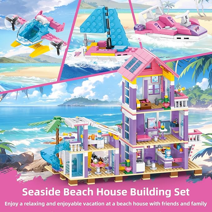 955 Piece Beach House Building SetSeaside Beach Villa Building Toys Friends Vacation Hut Blocks SetSTEM BuildingToys with HelicopterYachtSailboatChristmas Birthday Gift for Girl Age 6-12+