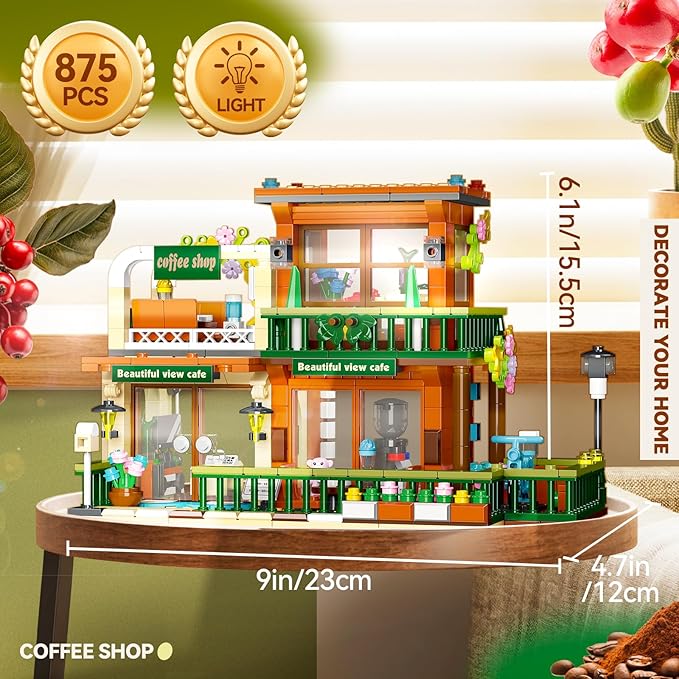 3 in 1 Street View Coffee Shop City Building Set Compatible with City House Modular Simulation Architecture Construction Toy with LED Lights Gift for Adults and Girls Kids Aged 8+(875 PCS)
