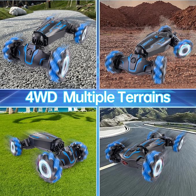 4WD Remote Control Gesture Sensor Car Double-Sided Rotating 360° Flips Drift with Lights Music RC Stunt Twist Car Birthday Presents for 6-12 Kids (Blue)