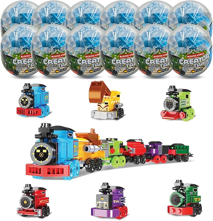 Mini Building Block Sets 12PCS Vehicle Train Toys Building Blocks 6 in 1 STEM Toys Eggs Building Sets Party Favors for Kids Goodie Bags Prizes/Birthday Gifts