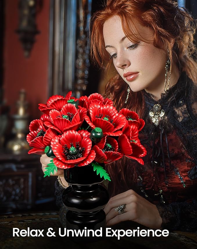 iATOM Red Poppy Flower Bouquet Building Set 12Pcs Artificial Botanical Collection for Adults - Gift for Valentine's Day for Her/Mom/Girlfriend/Wife/Couple Home Table Centerpiece Decor Aesthetic