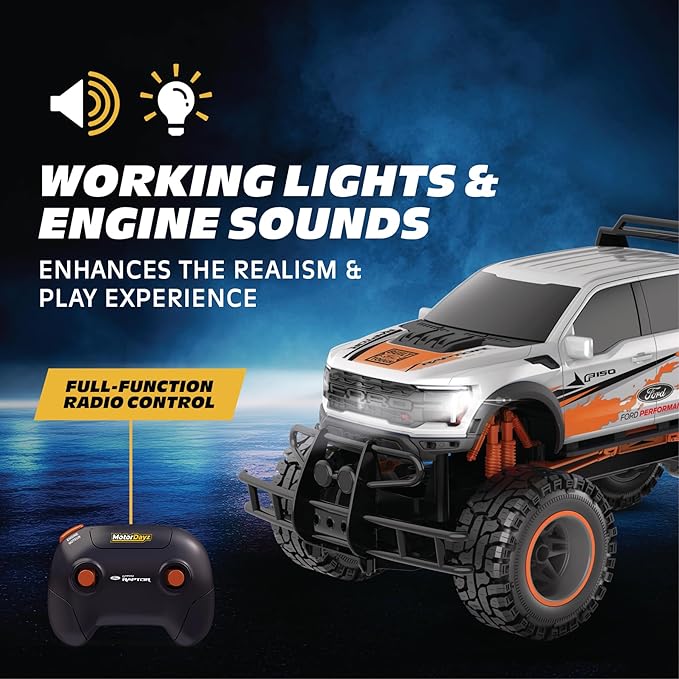 Ford F150 Raptor R 2WD Remote Control Truck with Working Lights and Sounds. Officially Licensed 1:10 Scale RC Toy 2.4GHz Remote Batteries Included USB Charge - White - Great Gift