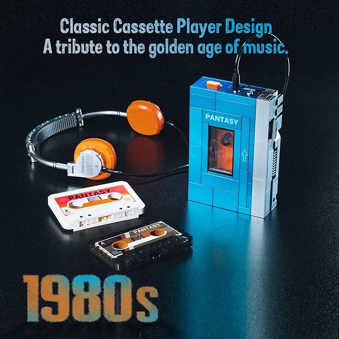 PANTASY Retro Cassette Player Building Set 1970s Portable Tape Player Model with Interchangeable Cassettes &amp Headphones Vintage Music Display Building Blocks for Adults