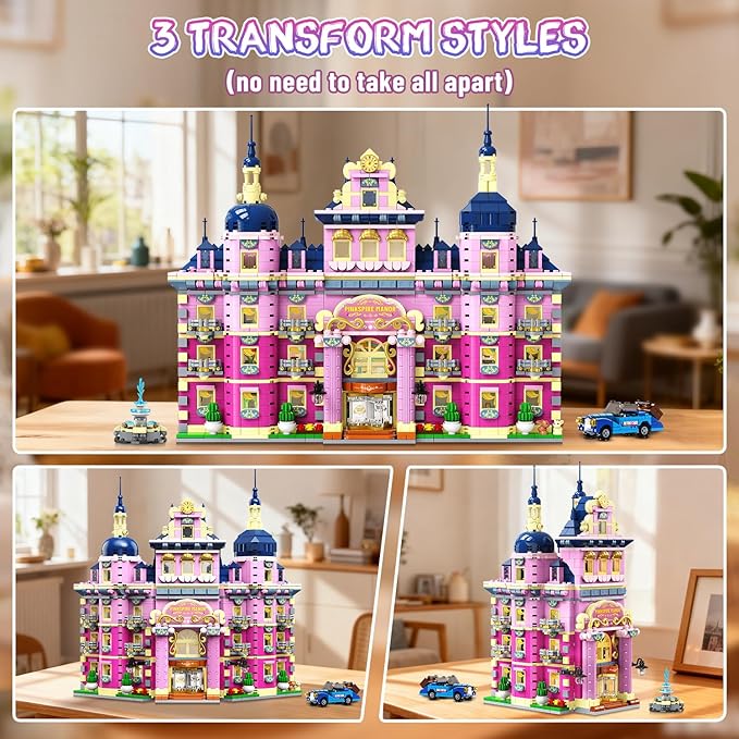 Pink Estate House Building Set with Lights 3 Style Pinkspire Construction Model with Car Fountain 1815 PCS Friends Villa Castle Building Block Kit Home Decor Gift for Adults Boys Girls 8-12+