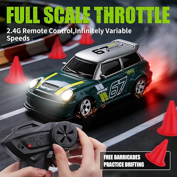 1:64 Mini RC Drift Car 4WD Remote Control Car with LED Lights Proportional Throttle Multiple Drift Modes USB Type-C Rechargeable Desktop Racing Toy for Kids &amp Adults