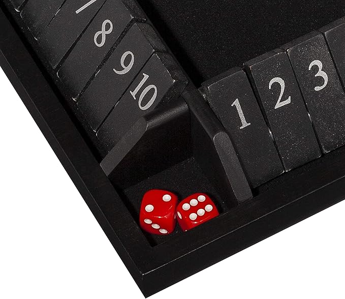 WE Games Shut The Box Board Game - Classic 4 Player Wooden Table Top Dice Game for Family Game Night Black Stained Wood 14 in. 10 Numbers Classroom Play or Bar Fun for Adults