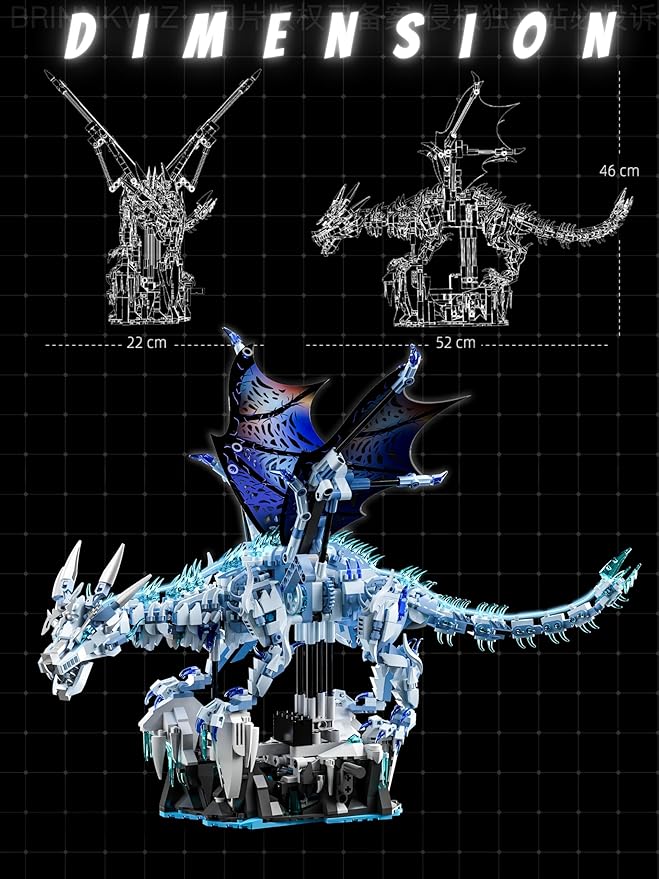 Mechanical Ice Dragon Building Set 1646 Pieces Large Fantasy Model Kit with Articulated Flapping Wings Blue Mythical Creature Decor for TV Series Fans Compatible with Major Brands