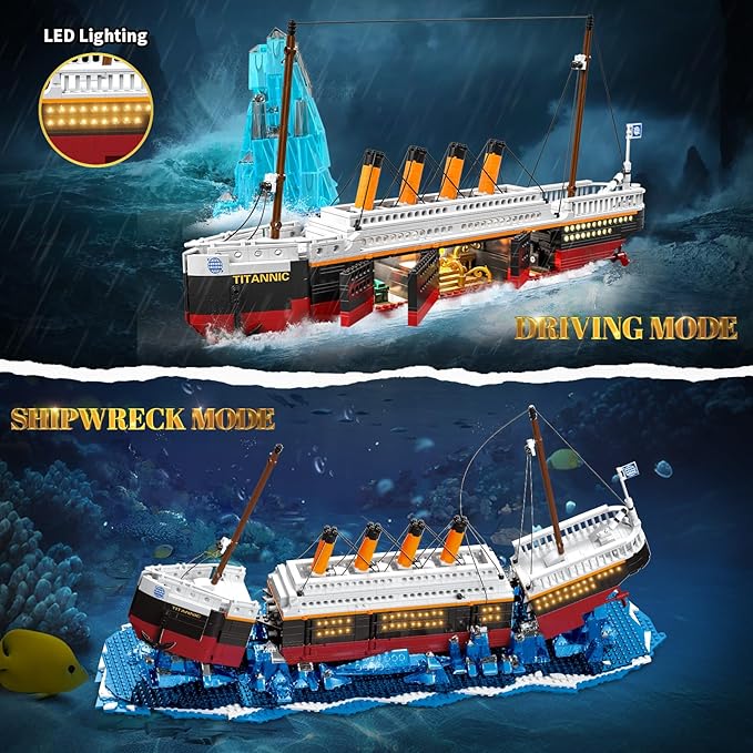 2 in 1 Titanic Building Set Titanic Big Ship Model Building Kit with Lights Bricks and Glacier Compatible with Lego for Adults Men 1928 Pieces STEM Construction Toy for Teens 14+