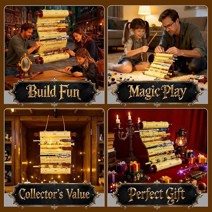 Sosuy Magic Scroll Wand Building Blocks Set — Wizard Scroll Kit with 6 Active Wands Collector Display Model Construction Ideal Gift for Fantasy Movie Fans for Kids Teens Adult 761 Pcs 8+