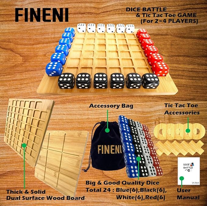 Dice Battle and TicTacToe Dual Sides Board Games Wooden Coffee Table Games for Adults 2~4 Player Bar Dice Games Indoor Tabletop Game &amp 4 Players Wood Table Top Dice Game (Dual(2~4)/Log)