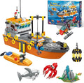 City Ocean Explorer Ship Building Set Fun Toy Exploration Boat Building Block Kit with LED Lights Helicopter Submarine Birthday for Boys Girls Kids 6 8 10+