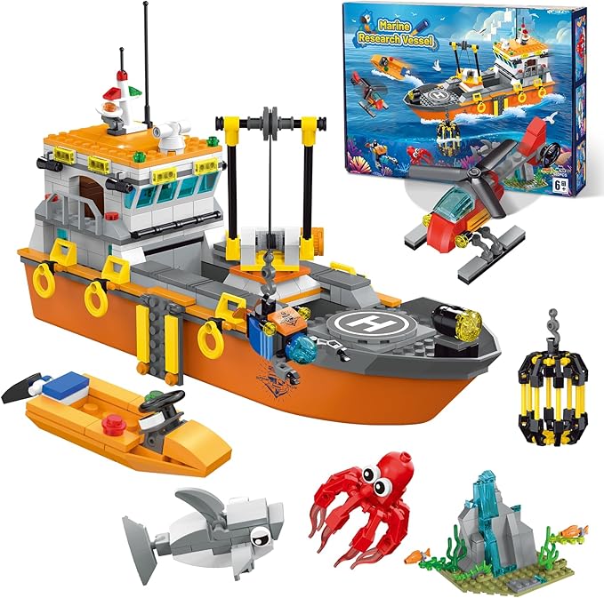 City Ocean Explorer Ship Building Set Fun Toy Exploration Boat Building Block Kit with LED Lights Helicopter Submarine Birthday for Boys Girls Kids 6 8 10+