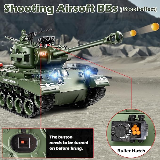 1:18 RC Tank 2.4G US M26 Pershing Remote Control Tank Model Toys That Shoot BBS Army Vehicle Toy with Smoke Lights Sound and RecoilMilitary RC Vehicle for Adults and Kids 6+ Years Old