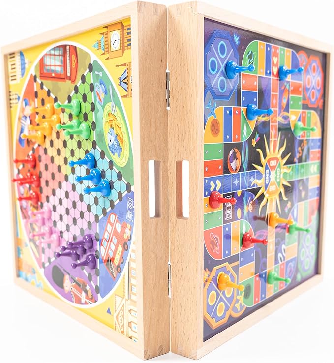 5-in-1 Wooden Board Games for Kids &amp Adults Premium Beech Wood Frame Family Game Center with Fast Sling Puck Detachable Flat Chess Board Chinese Checkers Ludo &amp Snakes and Ladders