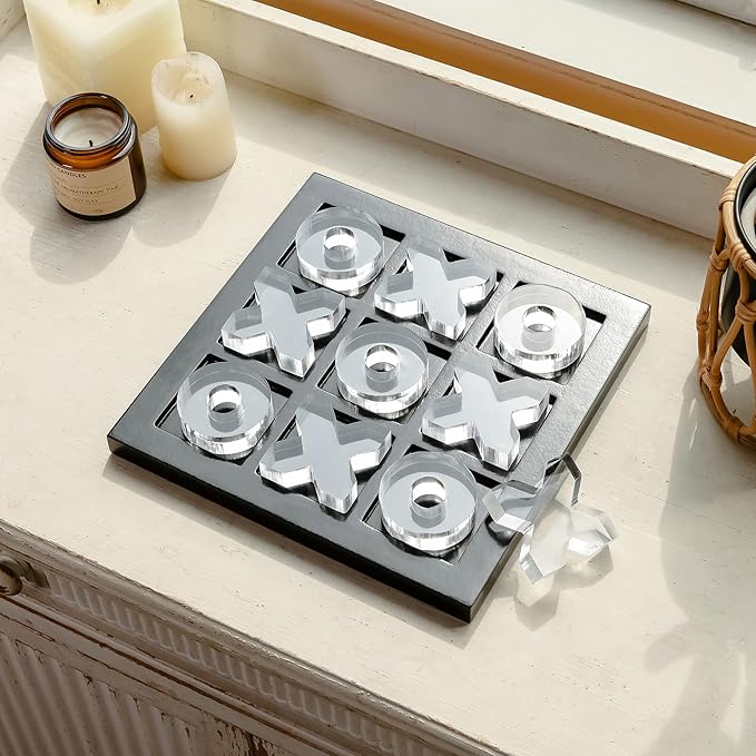 NIKKY HOME Acrylic Tic Tac Toe Wood Board Game Classic Coffee Table Decor Decorative Wooden Travel Game for Family Black
