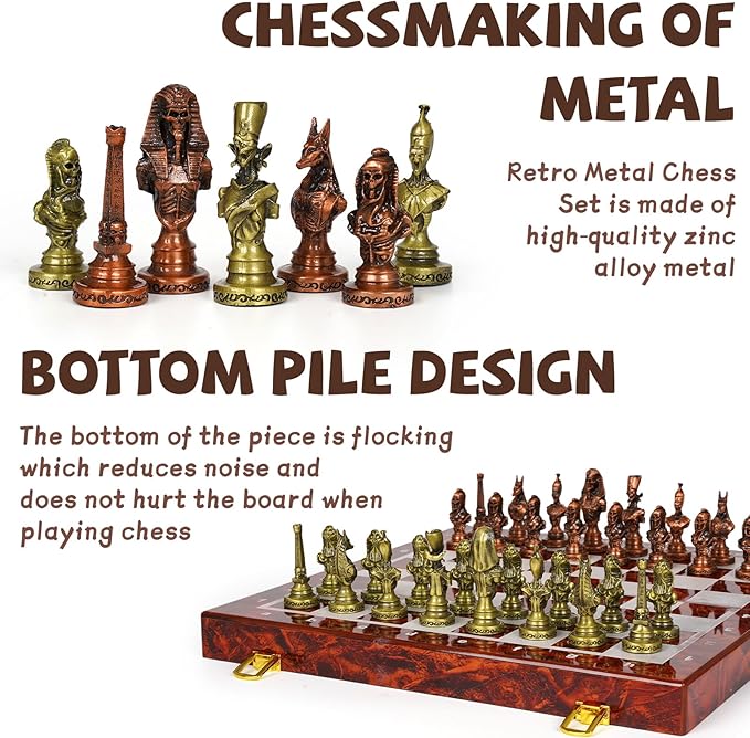 Large Egyptian Metal Chess Set for Adults – 15 Inch Foldable Wooden Chess Board with Weighted Antique Chess Pieces – Vintage Luxury Game Gift for CollectorsClassic Board Game