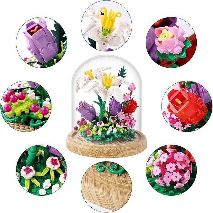 600+PCS Creative Lily Flowers Bonsai Tree Building setsSweet Lily Building Blocks with a Transparent Display Glass CoverExquisite Decoreated Flower SetAny time is the most warm love for Her
