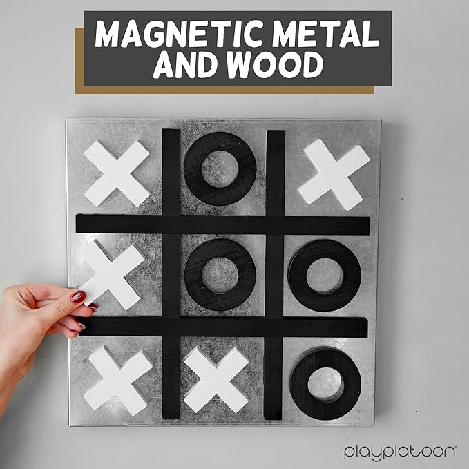 Play Platoon Magnetic Tic Tac Toe Game - Large Metal and Wooden Wall Mounted Board Games - 13.5 Inch Table Top or Wall Mounted Farmhouse Rustic for Game Room - Black &amp White