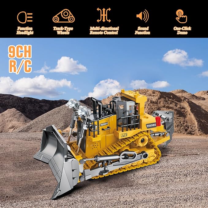 Rc Bulldozer Toys for BoysConstruction Remote Control Bulldozer with Metal bulldozing Shovel Lights/Sounds for Kids Boys