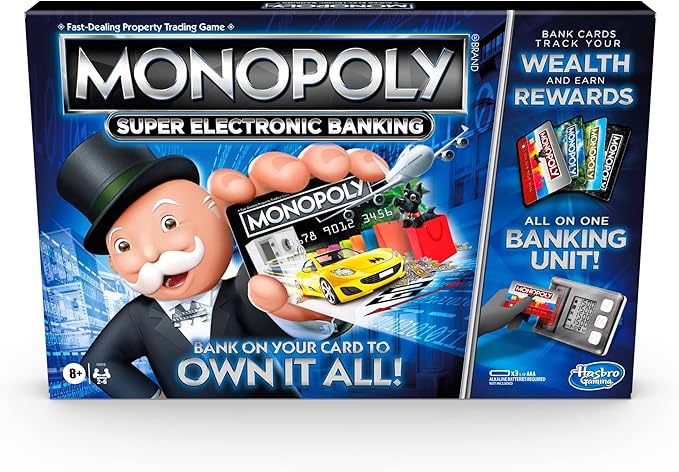 Hasbro Gaming Monopoly Super Electronic Banking Board Game Electronic Banking Unit Choose Your Rewards Cashless Gameplay Tap Technology for Ages 8 and Up