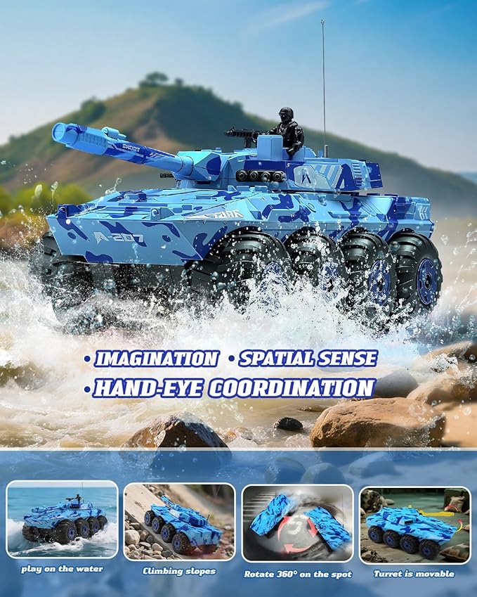 RC Tank Amphibious IFV Remote Control Truck Toy for Kids 5-12 40+ Min Playtime 2.4Ghz Waterproof Off-Road Crawler with Manually Rotating Turret (Blue Camouflage)