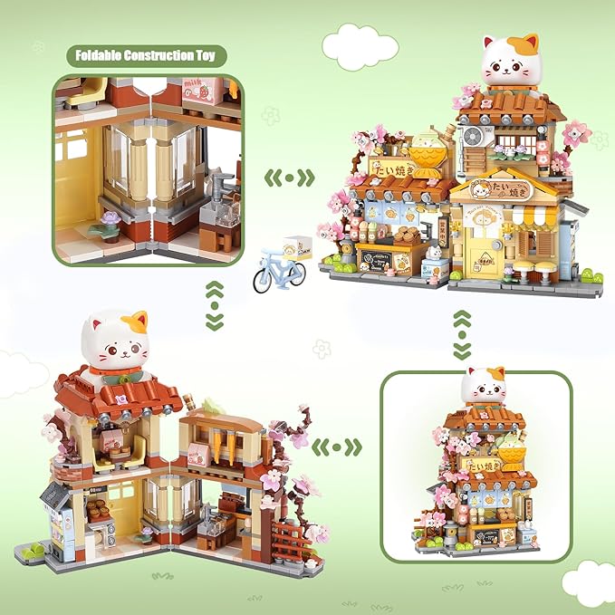 Japanese Street View Taiyaki Shop Mini Building Blocks for Girls 6-12 MOC Creative Building Toys Cute Panda Building Set Simulation Architecture Construction Toy Gift Idea for Kids Adults (923 PCS)