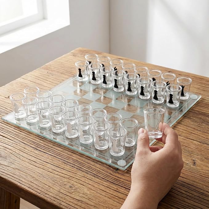 Shot Glass Chess Set 9.45-Inch Chess Board with 32 Mini 1.34-Inch Shot Glass Pieces Adult Drinking Chess Game for Parties Fun Novelty Gift
