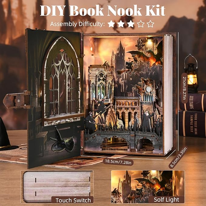 Book Nook Kit with LED Light Miniature House Kit for Birthday 3D Wooden Bookends Puzzle Bookshelf Decor for Adults Teens Beginners (Introduction to Magical Flight)