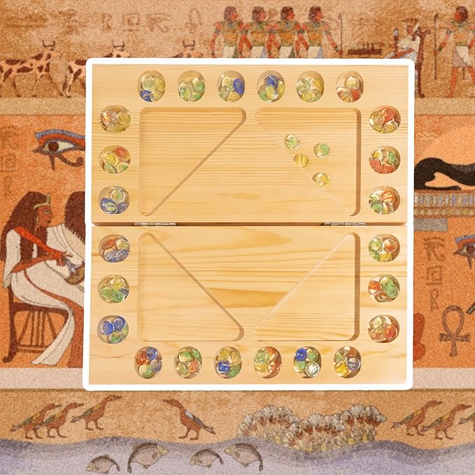 4 Players Mancala Board Game Solid Wood Folding Mancala Board with Multi-Color Glass Stones Mancala Family Travel Strategy Games Set with Game Instruction