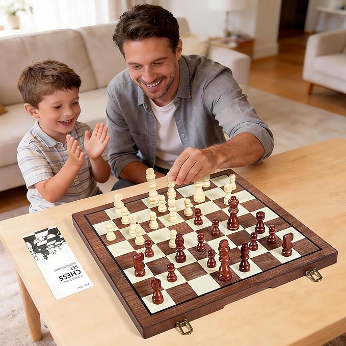 MerryPony 2 in 1 Wooden Chess and Checkers Set Magnetic – 15 inch Folding Board Game with Strong Magnetic Chess Pieces with 2 Extra Queens Portable Travel Beginner Chess Game Set for Adults Family