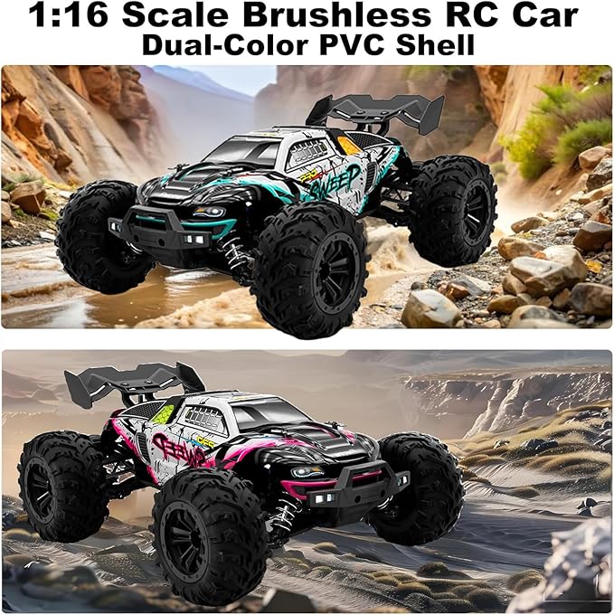 1:16 Scale Brushless RC Car for Adults 45+ MPH High Speed 4WD Waterproof Off-Road All-Terrain RC Truck with 2 Batteries &amp 2.4GHz Controller (1:16 Scale Brushless)