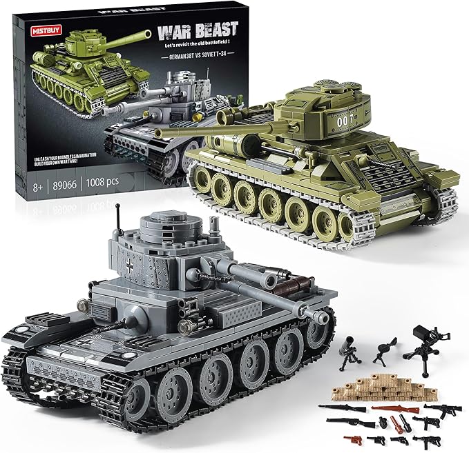 WW2 Army Tanks Toy Building Sets (1008 Pieces) Compatible with Lego Create a Soviet T-34 &amp German Panzer 38(t) Tank Great Military Model Toys Gift for Boys Kids and Teens Age 8+