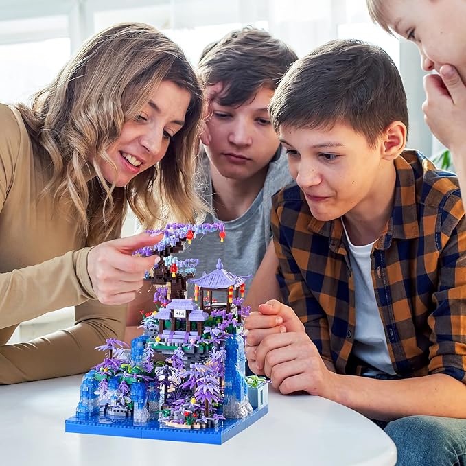 Peach Blossom Pond Japanese Architecture Building Blocks Set for Adults and Kids with Acrylic Display Cover Micro Mini Bricks Cherry Blossom Tree House Building Kit 2500+PCS