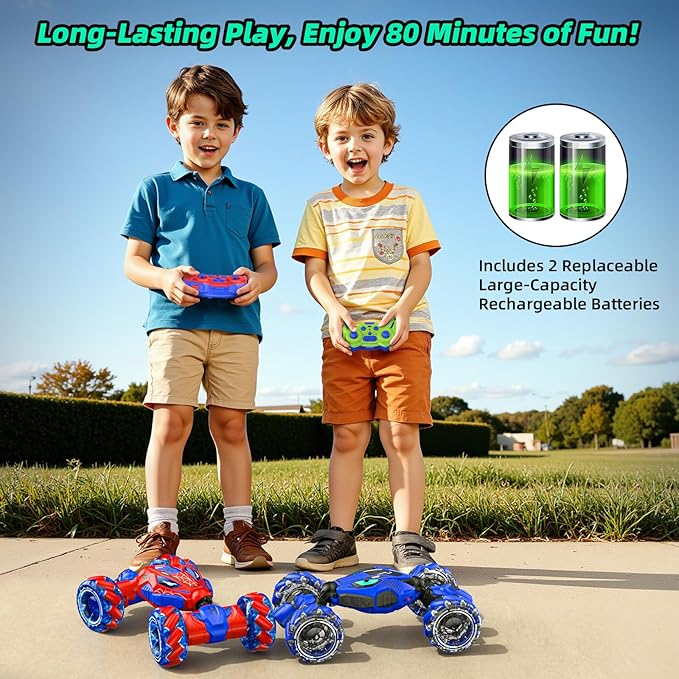 VisionX Unique 2.4GHz 4WD 360° Rotating Gesture Sensing RC Stunt Cars for Boys and Girls Ages 6-12 Double‑Sided Driving RC Drift Car Birthday and Christmas Cool Car Toys Gifts for Kids 2 Batteries
