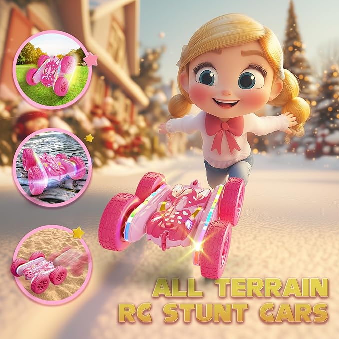 Remote Control Car for Girls Pink RC Cars Stunt RC Car Girl Toys for Girls Double-Sided 360° Rotating with Headlights 4WD Kid Toys for Birthday Gifts (Pink)