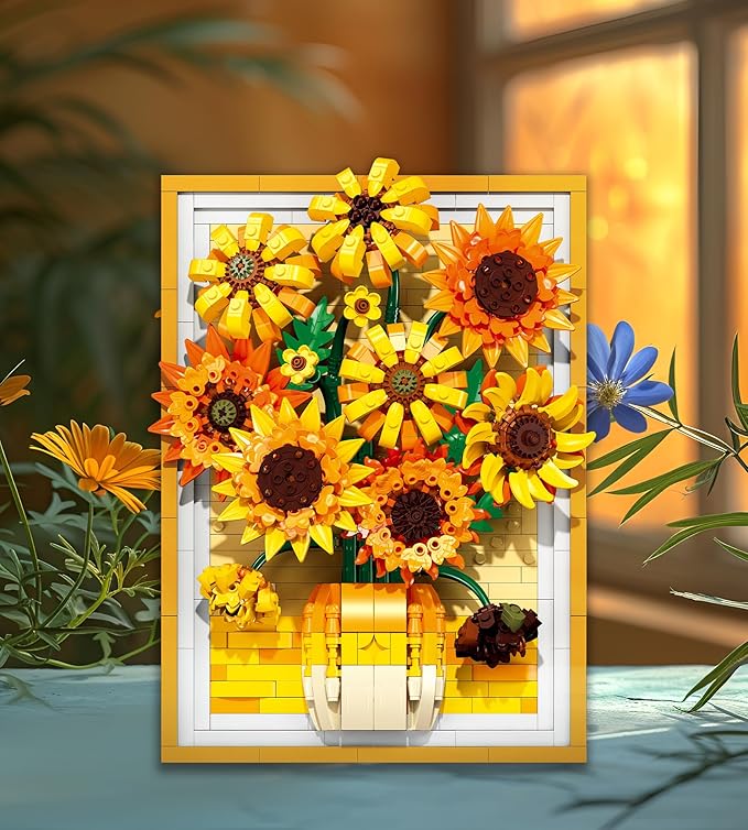 Lodikisbay Sunflower Frame Building Set Botanical Collection for Adult Wall Art Building Blocks Set Compatible with Lego Collectible Art Building Block Kit for Home Decor (1011PCS)
