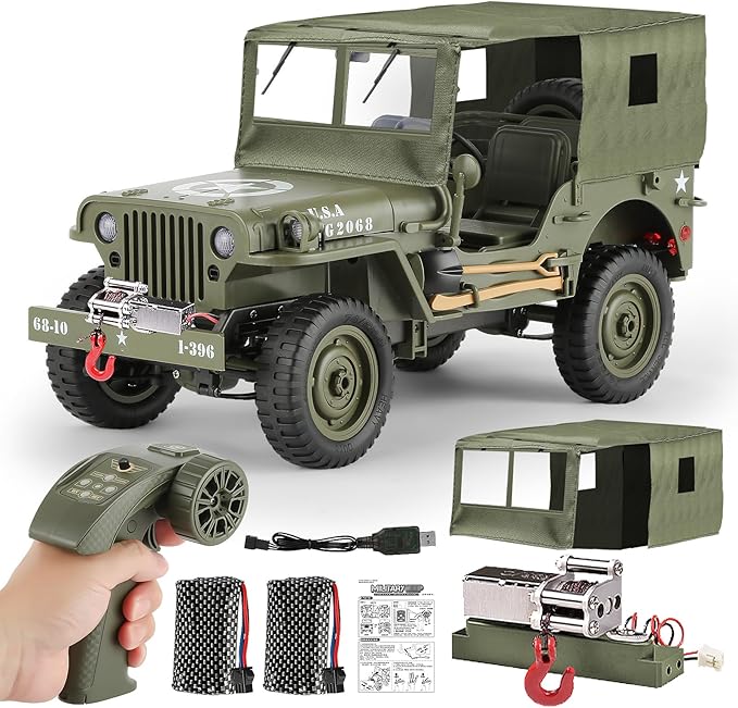 1/10 Scale RC Military SUV Remote Control 4WD Off-Road Vehicle with Alloy Frame Chassis with Winch and Capstan Army Vehicle with Opening Hood and Folding Windshield 2 Batteries