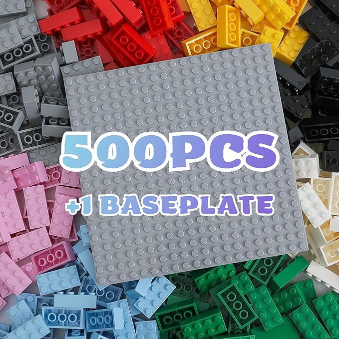2x4 Bricks 500 Piece Classic Building Bricks and 1 Gray Baseplate 2x4 Bricks Bulk Creative Building Toys Blocks Bulk for Kids Ages 6+ 8 Colors