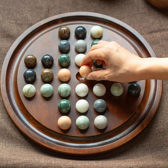 Deluxe Solitaire Game Set: 12.6'' Solid Wooden Board 32 Natural Marble Balls Single-Player Strategy and Smart Games
