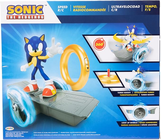 JAKKS Pacific Sonic The Hedgehog Speed RC Skateboard Vehicle with Gold Ring Controller – Light Up Wheels &amp 360 Spins Turbo Mode for Extra Boost 2.4GHz 100FT Range